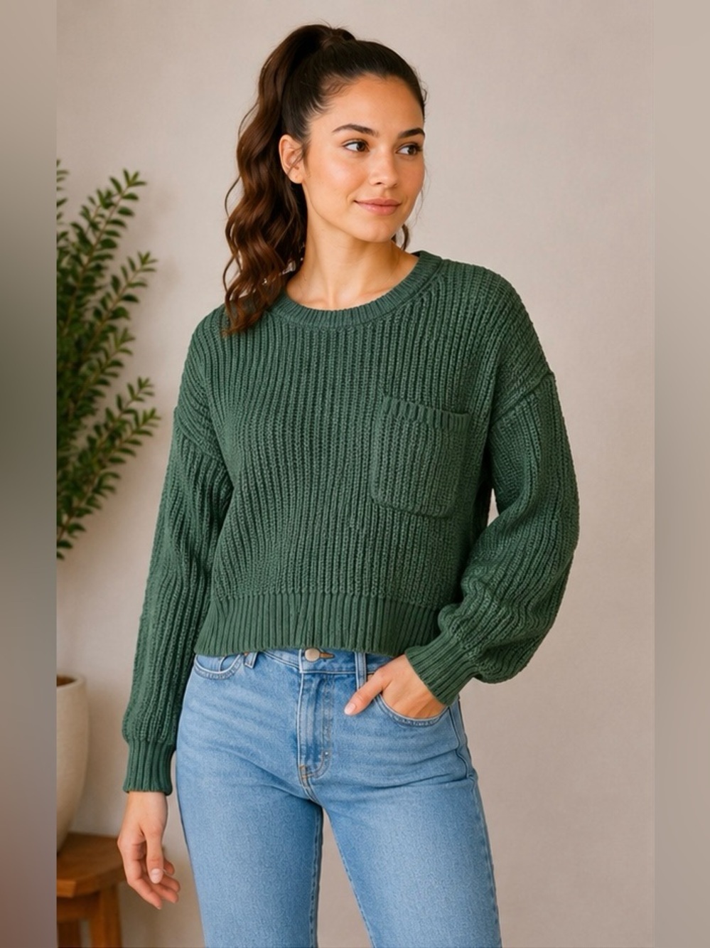 GAP Chunky Knit Cropped Sweater Women’s XS Petite Green Cotton Pullover